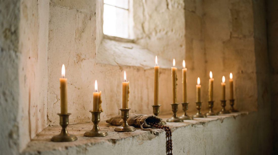 Chapelet pour les âmes du purgatoire : cierges allumés dans une chapelle