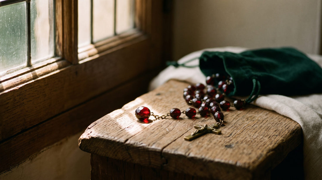 Chapelet des larmes de sang : chapelet à grains rouges et sa pochette sur une table de bois