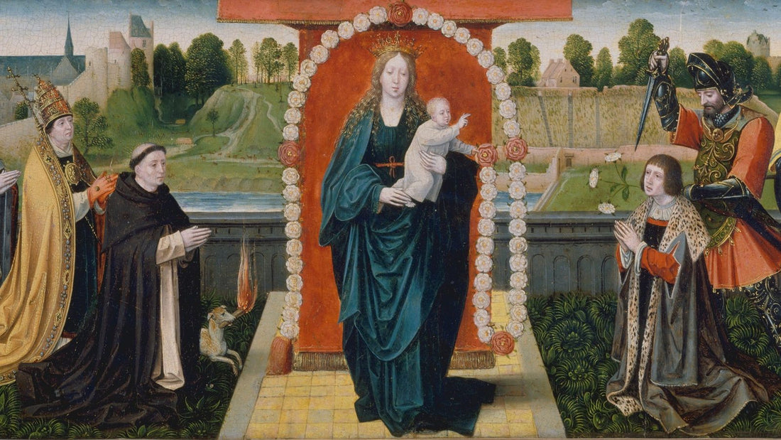 Panneau peint du debut du XVIe siecle : les quinze mysteres du rosaire en quinze compartiments, et en bas la Vierge a l'Enfant dans une guirlande de roses.