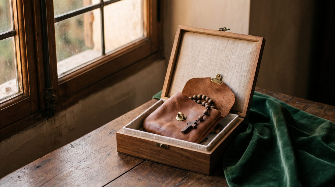 Offrir un chapelet : chapelet dans sa housse de cuir présenté dans un écrin de bois
