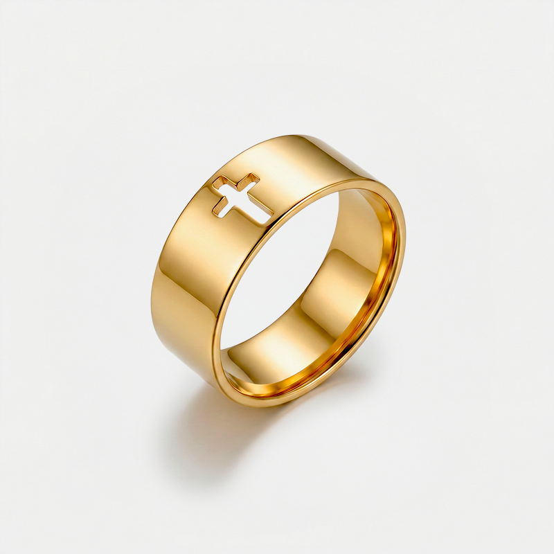 Bague croix anneau large, finition dorée
