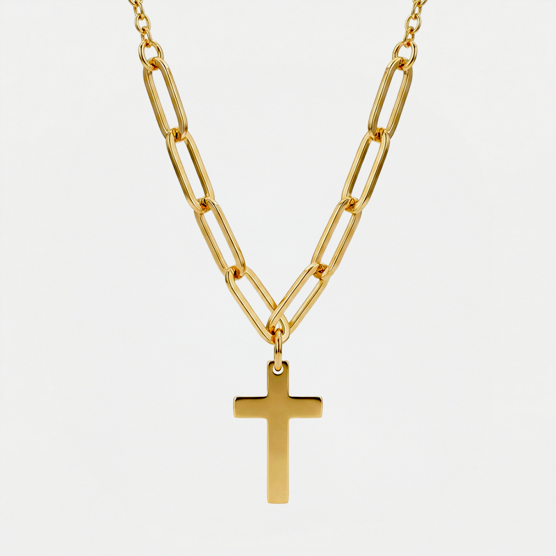 Collier chaîne croix, finition dorée