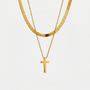 Collier croix double chaîne, finition dorée