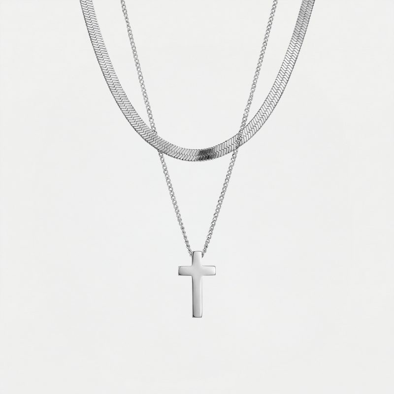 Collier croix double chaîne dorée