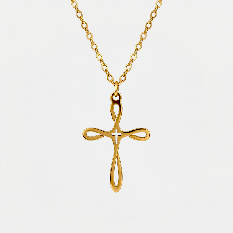 Collier croix fantaisie, finition dorée