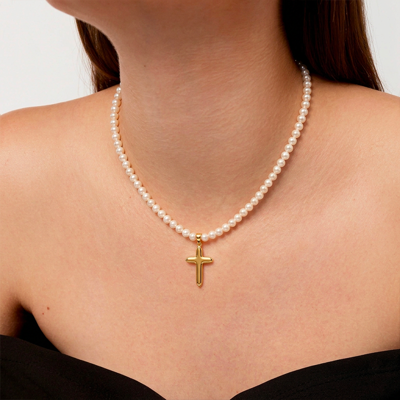 Collier croix perles dorée
