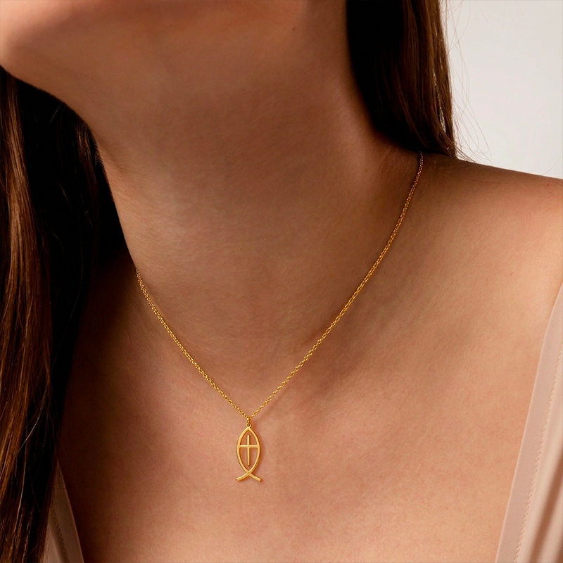 Collier croix poisson dorée