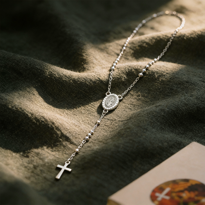 Collier croix rosaire argentée