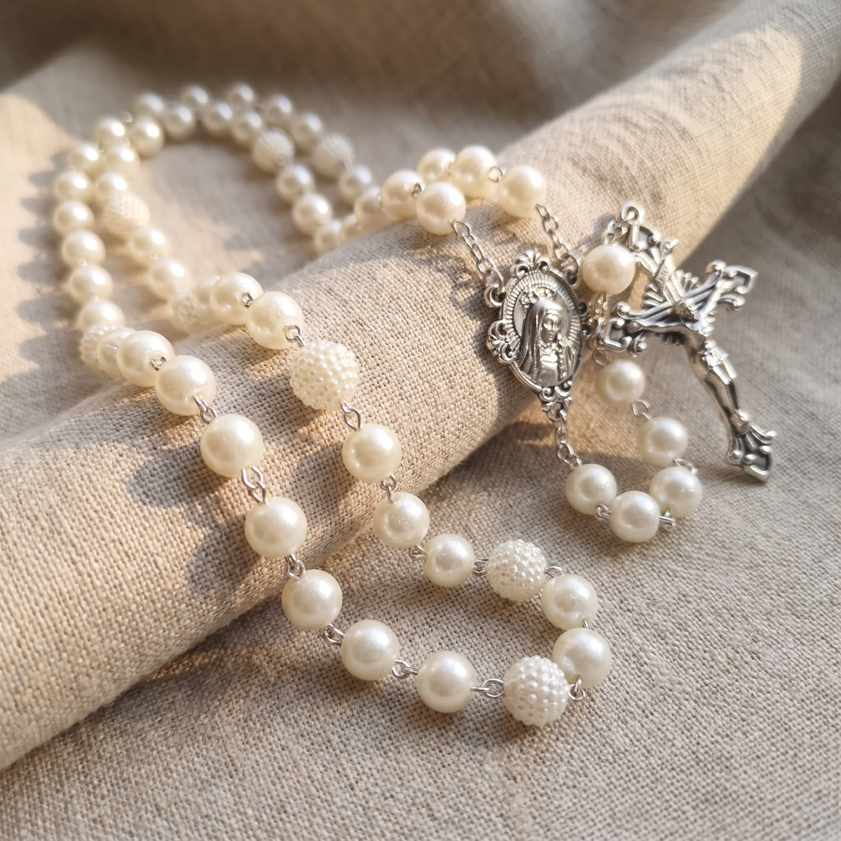 Chapelet blanc nacre, chapelet perles blanches