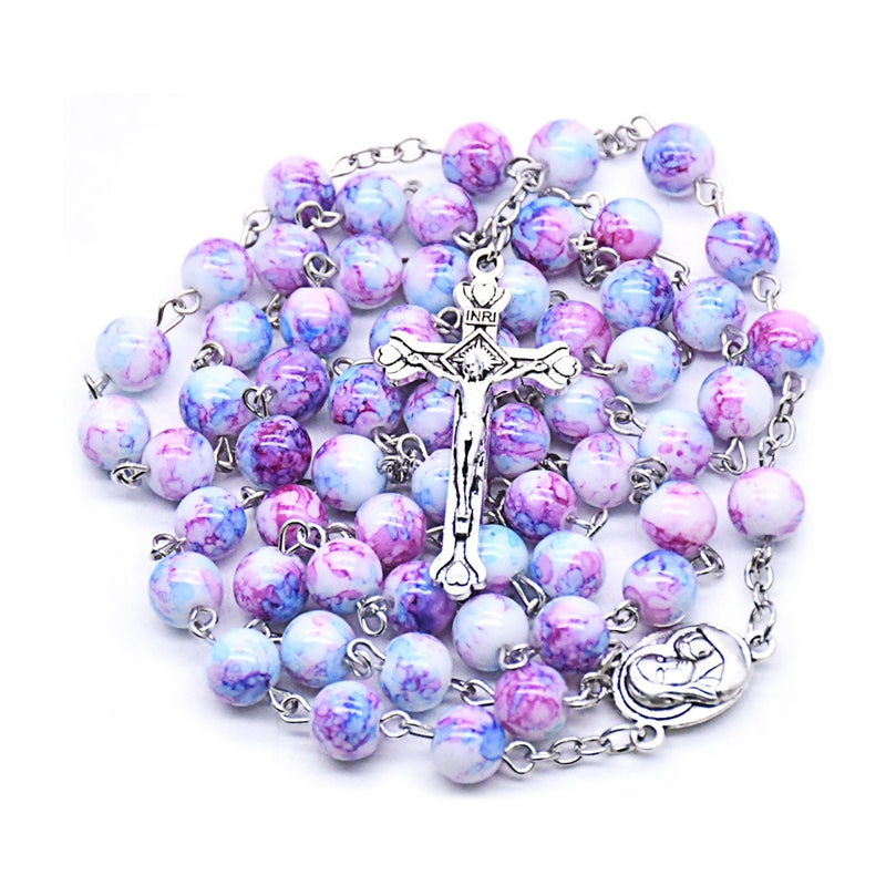 Chapelet violet et bleu, perles marbrées