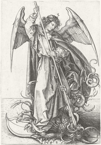 Saint Michel terrassant le dragon, gravure de Martin Schongauer, vers 1480