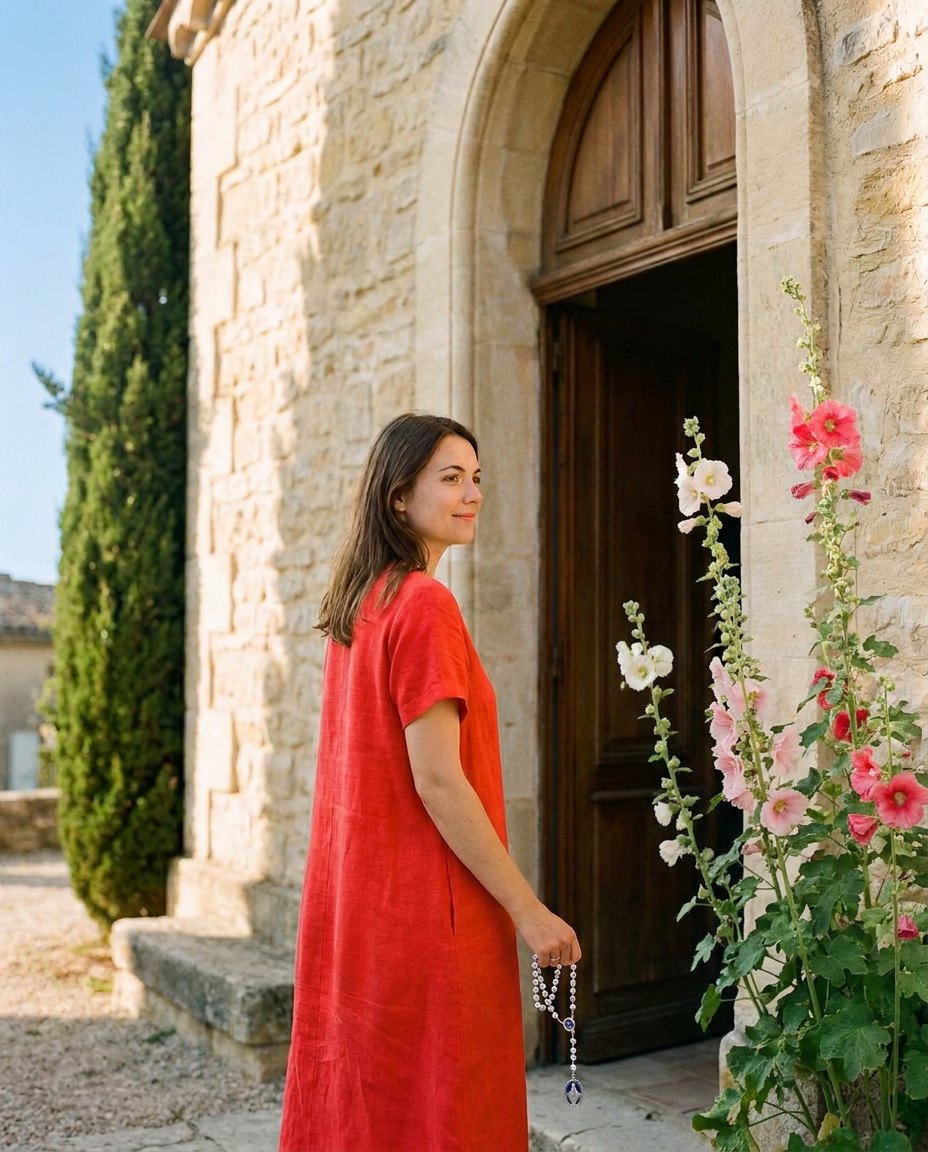 Une jeune femme en robe rouge sort d'une chapelle de village, un chapelet à la main.