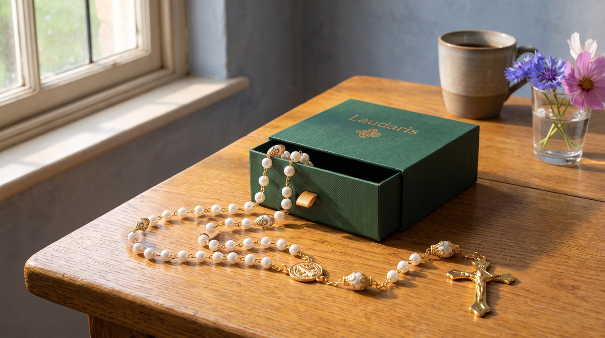 Un chapelet de perles blanches et or sort de son écrin Laudaris ouvert, sur une table de chêne au soleil du matin.