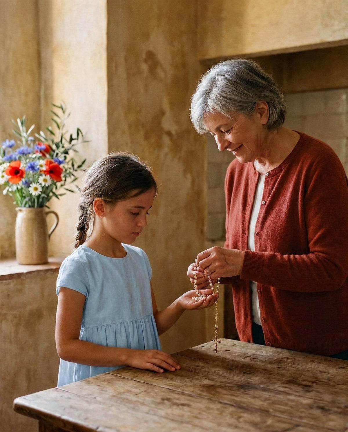 Une grand-mère dépose un chapelet blanc et or dans la main de sa petite-fille, près d'un bouquet de fleurs des champs.